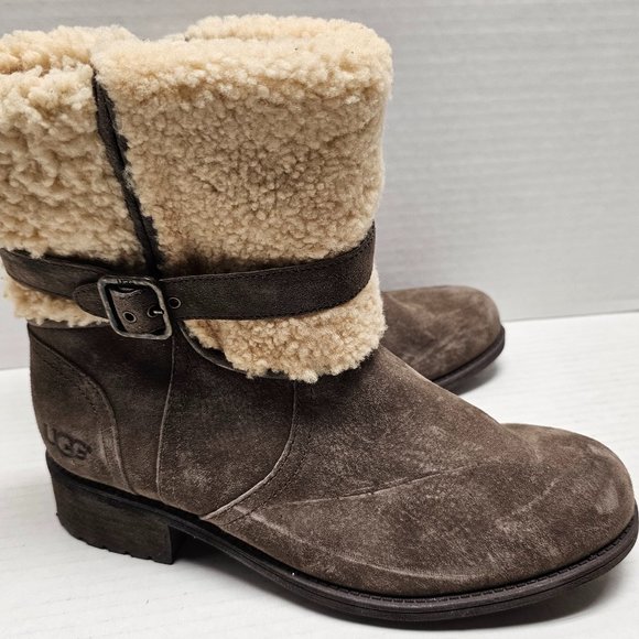 Womens UGG Blayre Brown Cream 1006039 Boots Cuff Sherpa Sheepskin 10 - Picture 1 of 16